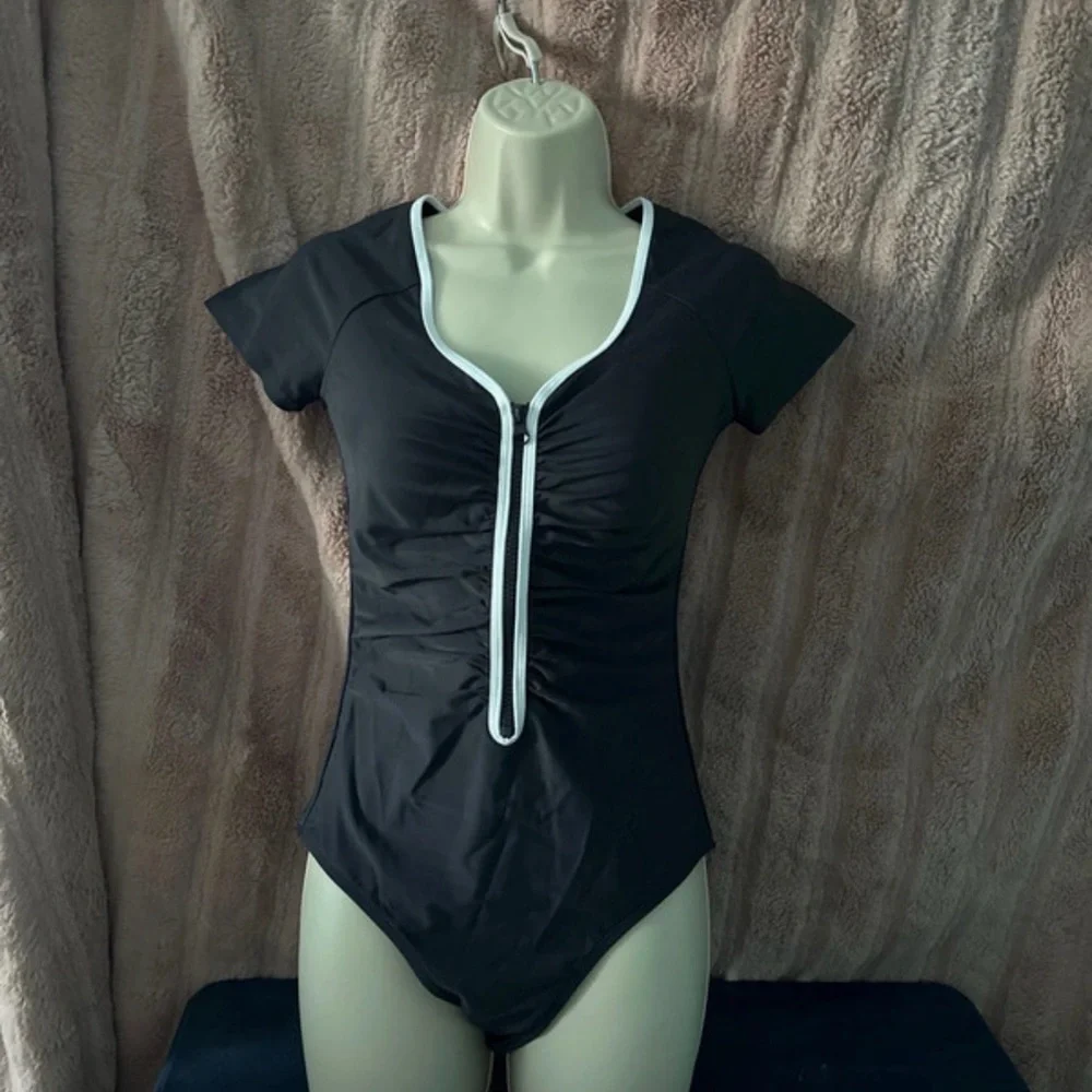 Cupshe Black One Piece Swimsuit with White Trim - Picture 1 of 2